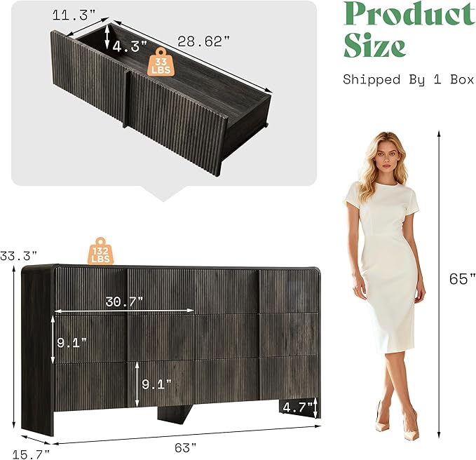 AMERLIFE 63" Fluted 6 Drawer Dresser, Long Modern Chest of Storage Drawers with Pine Handles, Rounded Corners & Anti-Tip Design, Wood Closet Organizer for Bedroom, Living Room, Nursery, Black