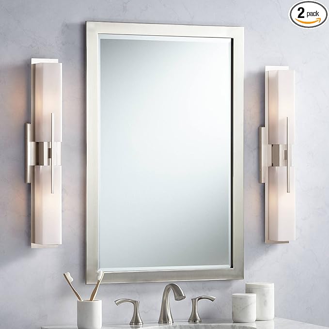 Possini Euro Design Midtown Modern Wall Lights Set of 2 Satin Nickel Silver Metal Hardwired 4 1/2" Fixture White Glass Shade for Bedroom Bathroom Vanity Living Room Home Hallway Dining Kitchen