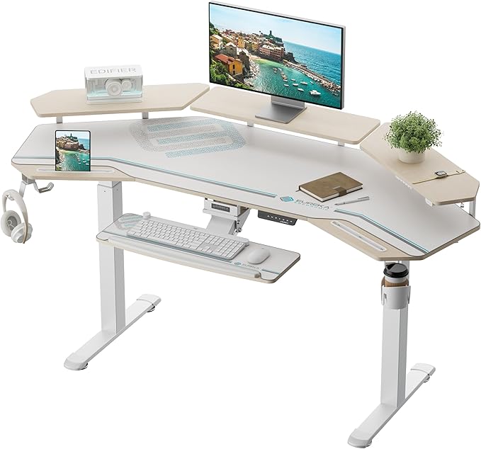 EUREKA ERGONOMIC Standing Desk with Keyboard Tray, Large Music Studio Gaming Desk, Wing Shaped Sit Stand Table 72'', LED Convertible Shelves, Dual Motor&Slot, Maple
