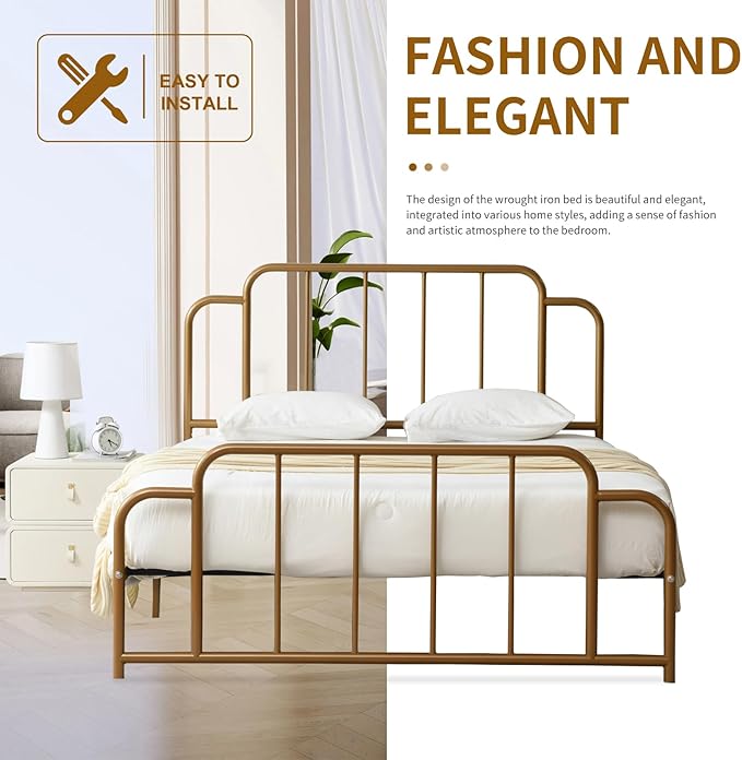 PINJU Metal Platform Bed Frame with Headboard and Footboard, Classic Style, Sturdy Metal Slats, No Box Spring Needed, Easy Installation (Gold, Queen)