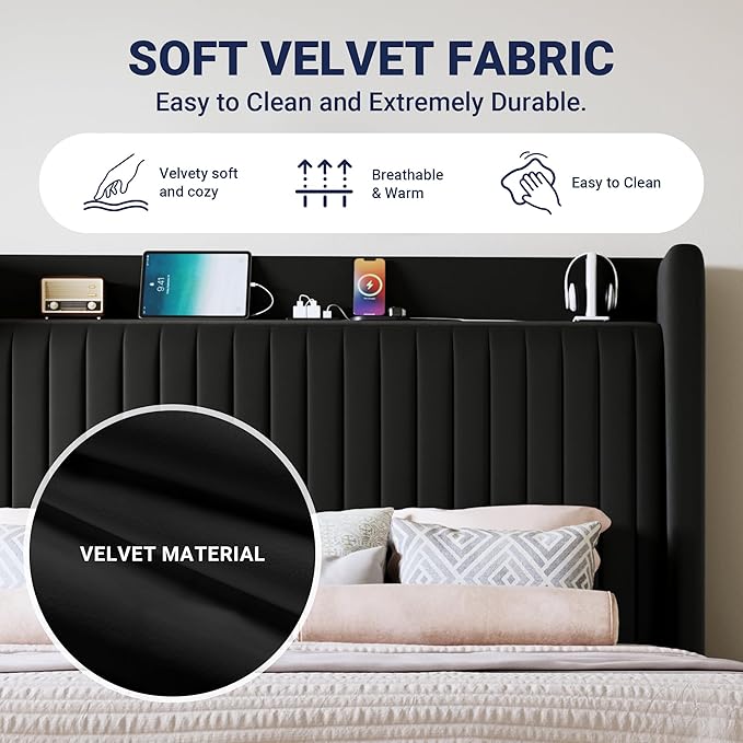 Allewie Full Size Platform Bed Frame with USB Charging Station and Storage Shelf/Upholstered Velvet Wingback Headboard/Wooden Slats Support/No Box Spring Needed/Easy Assembly, Black