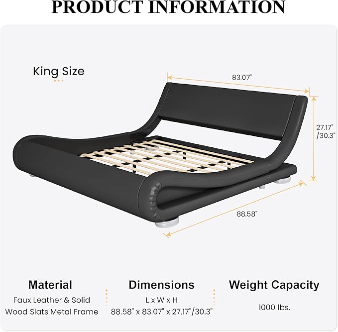SHA CERLIN King Size Upholstered Bed Frame, Deluxe Low Profile Sleigh Bed with Faux Leather Ergonomics Headboard, No Box Spring Needed & Easy Assembly, Black
