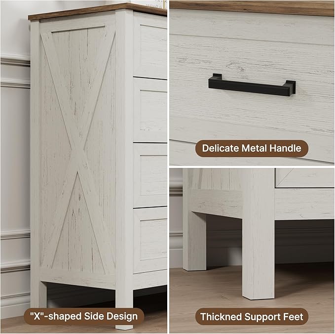 LYNSOM Farmhouse 8 Drawer Dresser for Bedroom, 55 Inch Wide Wood Rustic Chest of Drawers with X-Marking & Bar Handle, Large Storage Dressers Organizer for Bedroom, Living Room, Antique White