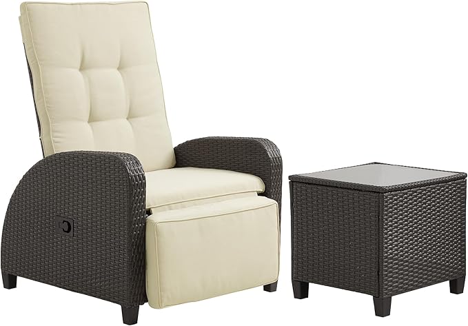 Outdoor Patio Recliner with Independently Adjustable Backrest and Footrest, All-Weather Wicker Patio Chair with Side Table, 160° Lay Flat Patio Reclining Lounge Chair for Backyard Garden, Beige