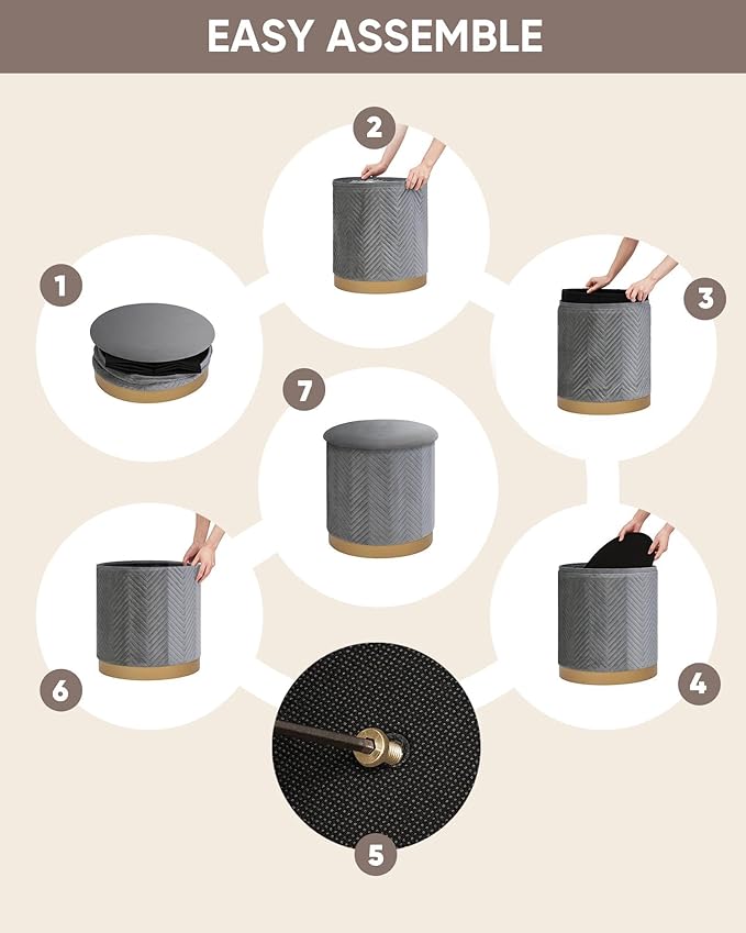 B FSOBEIIALEO Ottoman with Stroage, Round Velvet Storage Ottoman with Gold Plating Base,Foot Rest Stool for Dorm Room, Living Room Grey, 14.76"x14.76"x16.34"