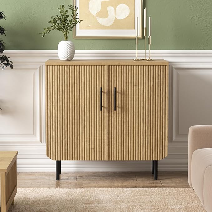 Buffet Cabinet with Storage, Sideboard with 2 Doors, Adjustable Shelf, Fluted Accent Cabinet for Living Room, Modern,Natural
