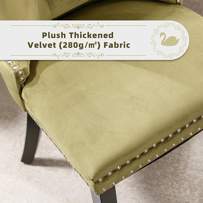 Velvet Upholstered Dining Chairs Set of 4, Modern Style Kitchen Side Chairs with Nailhead Trim and Wood Legs,Metal Pulling Ring for Dining Room Living Room(Olive Green,Set of 4)