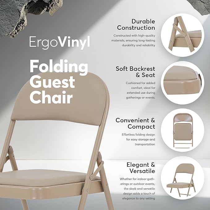 Oline Vinyl Folding Chairs, Padded Vinyl Cushion Chairs with Durable Metal Frame, Indoor Outdoor Stackable Foldable Guest Chairs for Office Wedding Kitchen Dining, 300lb Capacity (Khaki, 2 Pack)