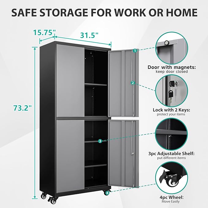 SISESOL Metal Storage Cabinet with Wheels,Rolling Garage Storage Cabinet with Lock,Gray Lockable Metal Cabinets with Shelves,Tall Tool Cabinets on Wheels for Garage,Home,Office,Shop