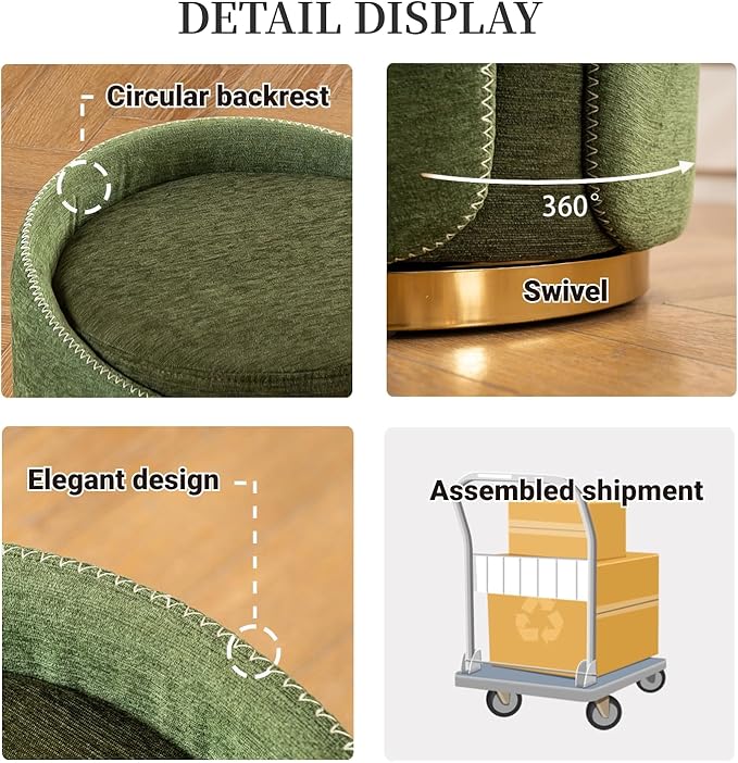 Swivel Vanity Stool with Gold Base Comfy Vanity Chair Modern Round Stool for Makeup Vanity Ottoman Foot Rest for Bedroom livingroom (Green)