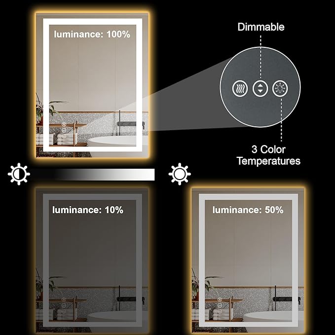 Awoco 28''x36'' LED Bathroom Mirror with Light, Lighted Vanity Mirror with Backlit and Front Light, Dimmable Anti-Fog Memory Function Lighted Mirror with 3 Colors for Bathroom Wall