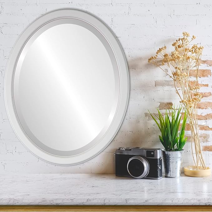 OVALCREST Oval Beveled Wall Mirror for Home Decor - Toronto Style - Linen White - 22" x 18"