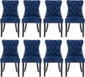 Velvet Upholstered Dining Chairs Set of 8, Modern Style Kitchen Side Chairs with Nailhead Trim and Wood Legs,Metal Pulling Ring for Dining Room Living Room(Blue)