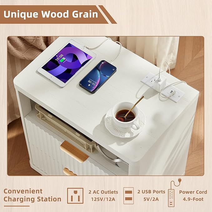 LEYAOYAO Fluted Nightstand with Charging Station, 23" Wide 2 Drawers End Table,White Night Stand with Open Storage Cabinet, Farmhouse Bed Side Tables, Wood Dresser for Bedroom, Living Room, Closet
