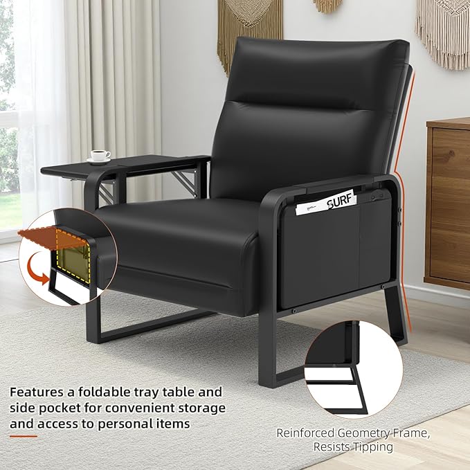 Upholstered Accent Chairs Set of 2, Modern Faux Leather Sofa Chairs with Foldable Side Tray Table & Storage Pocket, Small Accent Sofas for Living Room, Bedroom, Black
