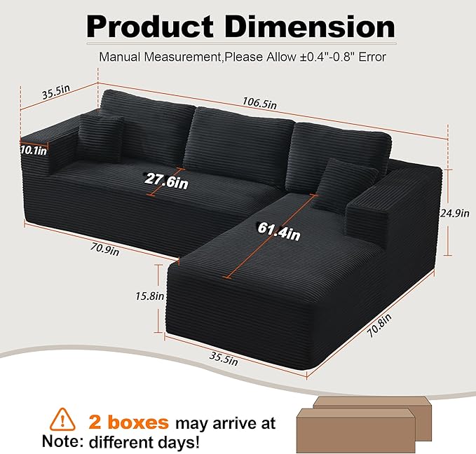 106" Cloud Modular Sectional Sofa Couch with L-Shape Chaise,Modern Boneless Sectional Couch with Deep Seat,Upholstered Couches for Living Room Bedroom,No Assembly Required,Black