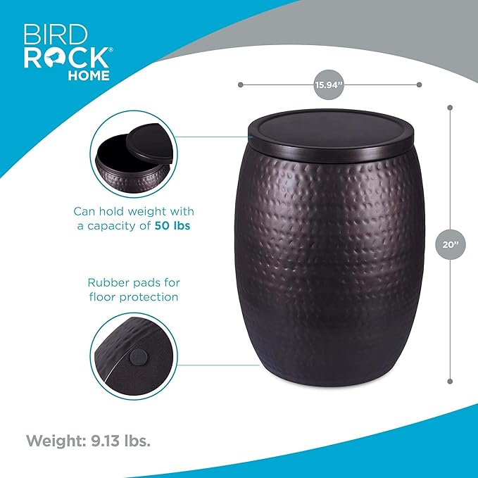 BIRDROCK HOME Iron Storage Side Table - Rustic Woven End Table with Removable Lid - Circle Barrel Accent Furniture for Living Room, Indoor, or Outdoor Use - 15.94" Dx 20" H - Oil Rubbed Bronze
