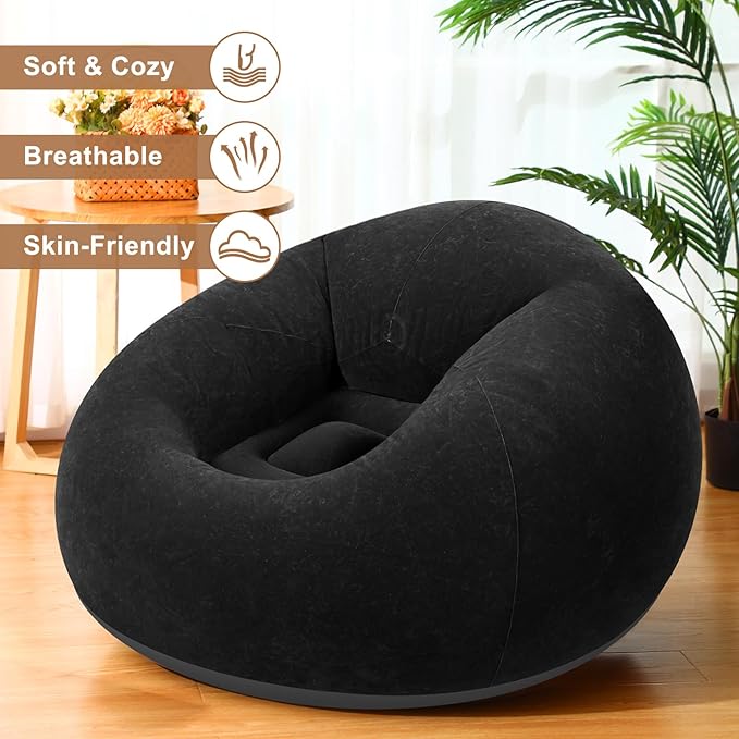 Realspring 6 Pcs Bean Bag Chairs for Adults Inflatable Chairs with Electric Air Pump,Blow up Couch Folding Portable Inflatable Couch Lazy Sofa for Reading Living Room Camping (Black)