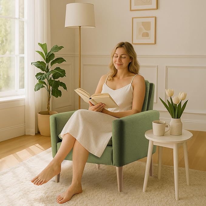 Lohoms Mid Century Accent Chair, Linen Upholstered Green Armchair for Living Room or Bedroom, Comfy Modern Sofa Chair for Guest Room, Reading Nook, or Waiting Area