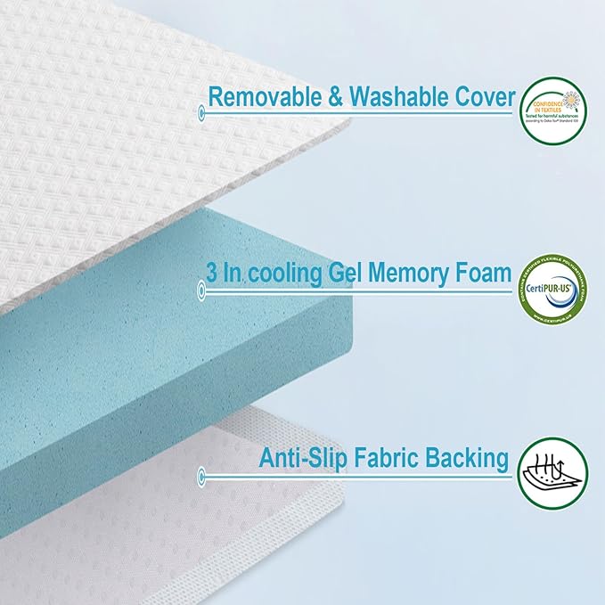 EDILLY 3 Inch Cooling Gel Memory Foam Mattress Topper Twin XL Size,with Removable & Washable Bamboo Cover,Soft Breathable Mattress Pad,Bed Topper for Back Pain Relief (38x80)