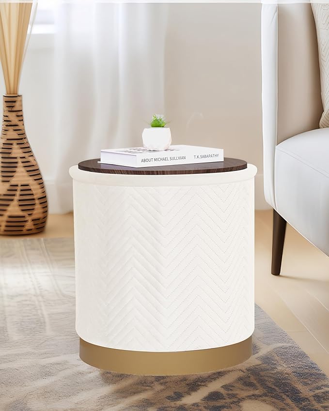 B FSOBEIIALEO Ottoman with Stroage, Round Velvet Storage Ottoman with Gold Plating Base,Foot Rest Stool for Dorm Room, Living Room White, 16.73"x16.73"x17.72"