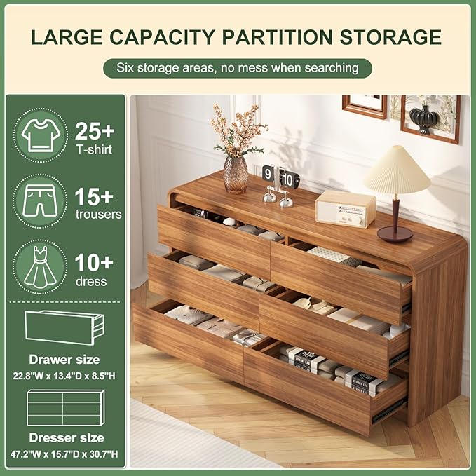 47 Inch Dresser For Bedroom 6 Drawer Wood Chest of Drawers - Curved Anti Collision, Mid Century Dresser For Closet with Natural Texture & Pre-Embedded Slots for TV Stand, Living Room, Nursery