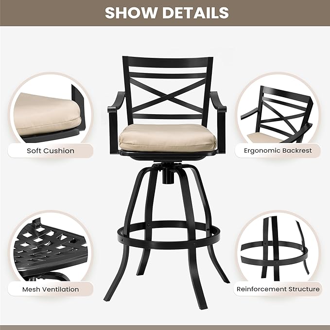 Pellebant 30" Sunbrella Outdoor Bar Stools Set of 2, Aluminum Swivel Patio Bar Height Bar Stools with Back & Footrest, Tall Patio Stool Chairs for Deck Lawn Garden,Beige