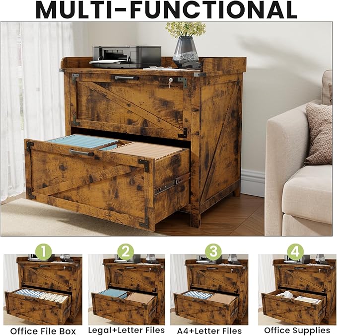 2 Drawer File Cabinet with Lock, Modern Farmhouse Filing Cabinet for Legal/Letter/A4 Size Hanging Files, Large Wood File Cabinets for Home Office