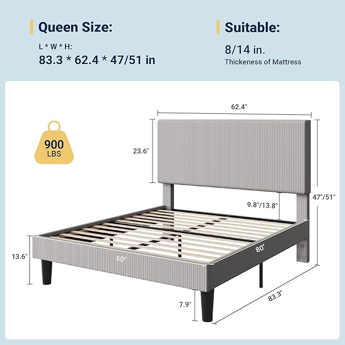Allewie Queen Size Upholstered Bed Frame with Vertical Channel Tufted Headboard, Soft Corduroy Fabric Platform Bed, Strong Wooden Slats Support, Easy Assembly, No Box Spring Needed, Light Grey