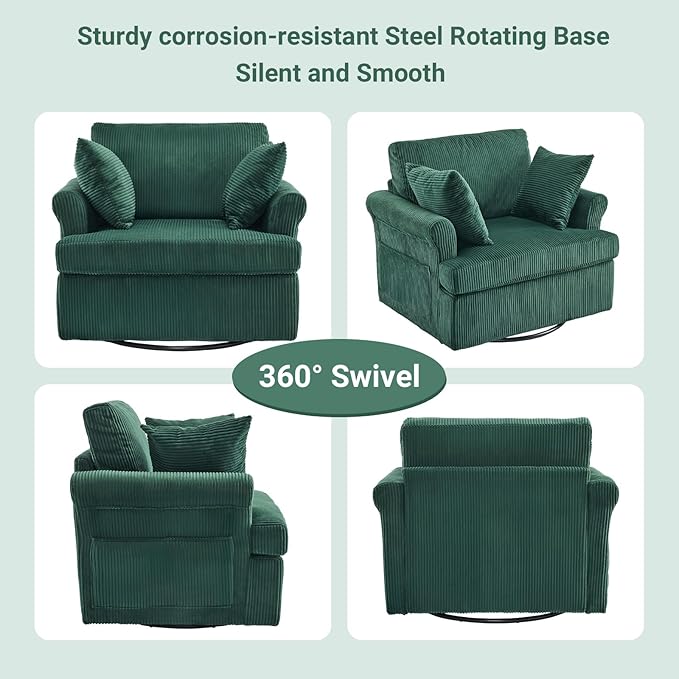 Karl home 39" Swivel Accent Chair,Oversized Seat Armchair W/2 Pillows and 4 Pockets,Modern Upholstered Corduroy Barrel Chairs,Comfy Single Sofa for Living Room,Reading,Bedroom and Office-Dark Green