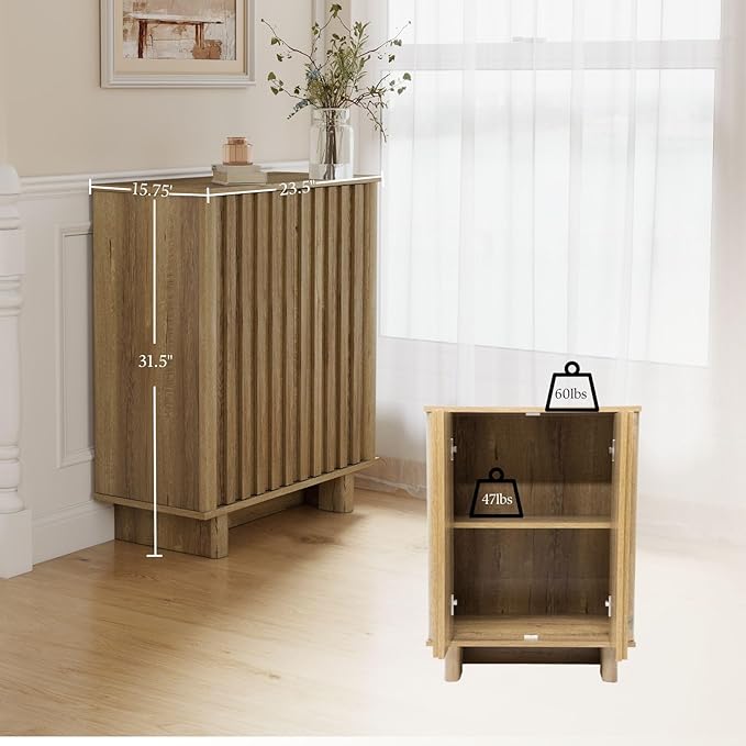 Sideboard Buffet Cabinet with Storage, Natural Freestanding Floor Cabinet Farmhouse Sideboard with 2 Fluted Doors Wooden Hallway Cabinet Media Console Table Credenza for Living Room Dining Room, 3PCS
