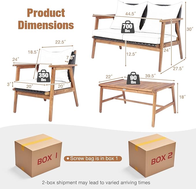 COSTWAY 4 Pieces Acacia Wood Patio Conversation Set, Outdoor Wicker Sofa with Coffee Table & Cushions, Patio Rattan Furniture Set for Yard, Porch, Poolside, Balcony, Backyard, Beige