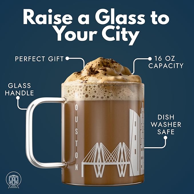 Greenline Goods – Houston, TX Skyline Glass Coffee Mugs (Set of 2), 15 oz – Etched Wrap Design