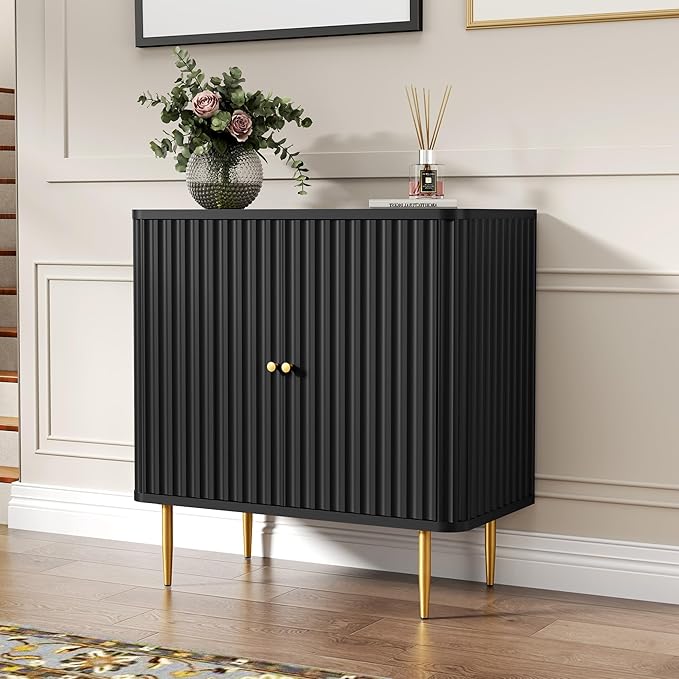 HLR Sideboard Buffet Cabinet with Fluted Texture, Black Accent Cabinet with 2 Doors, Modern Credenza Storage for Kitchen Living Room, Entryway (Black, 1Piece)