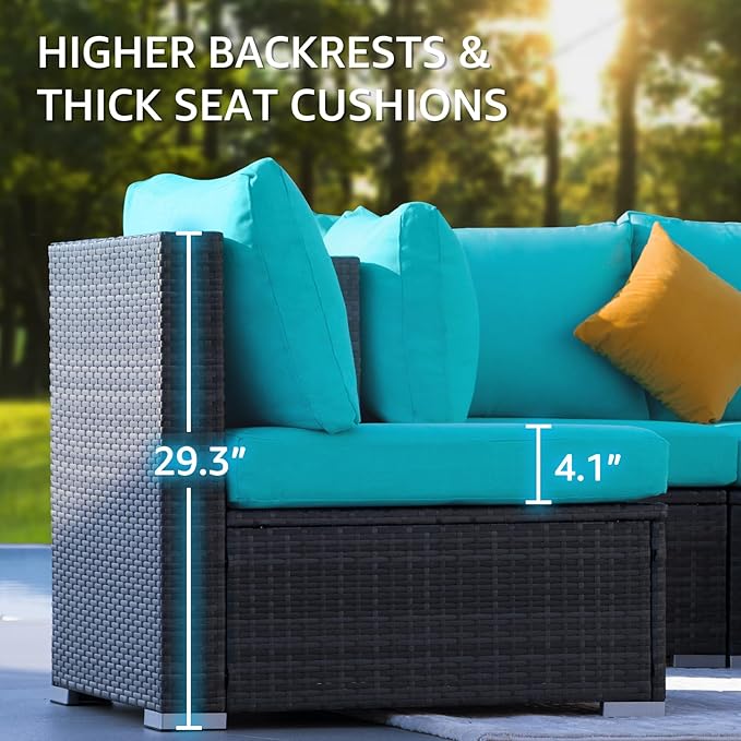 NICESOUL 6 Piece L Shaped Patio Furniture Set with Fire Pit Natural Gas/Propane, 29.3'' High Back Comfy Outdoor Conversations for Outside, Big Size Deep Wide Couches, 2 Color Cushion Turquoise & Grey