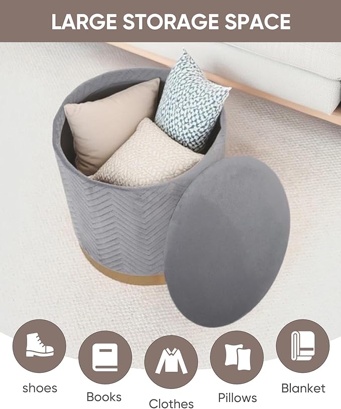 B FSOBEIIALEO Ottoman with Stroage, Round Velvet Storage Ottoman with Gold Plating Base,Foot Rest Stool for Dorm Room, Living Room Grey, 16.73"x16.73"x17.72"