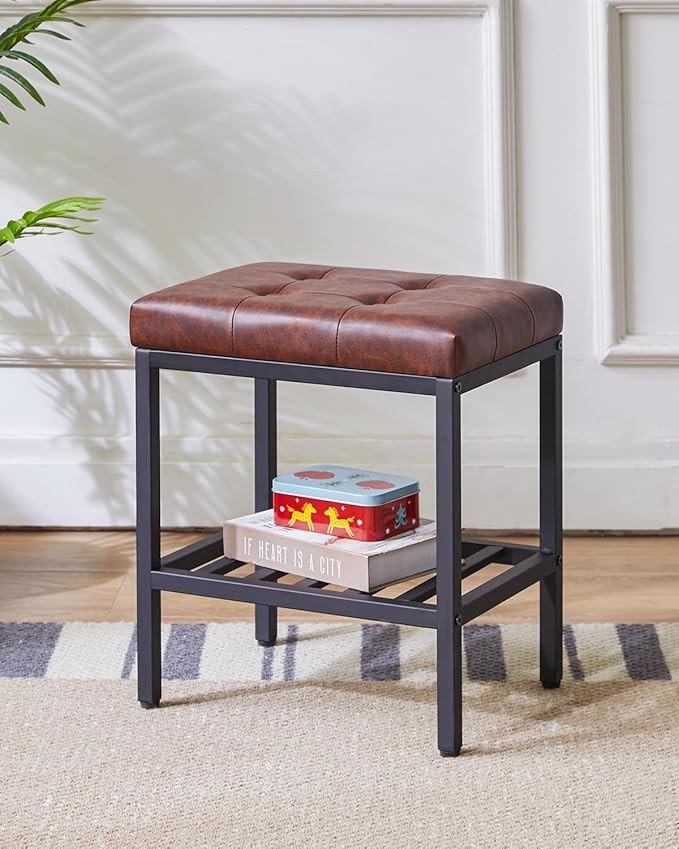 IBUYKE Rectangular Makeup Stool with Adjustable Feet and Storage Space, Footrest Chair, PU Vanity Seat, Multi-Use as Small Side Table or Ottoman, for Bedroom, Dark Brown WBD017Z