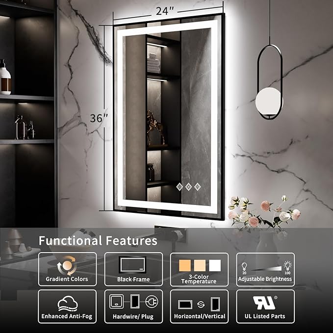 LED Mirror for Bathroom, 24x36 Inch Black Framed Gradient Front and Backlit LED Bathroom Mirror, 3 Colors Dimmable CRI>90, IP54 Enhanced Anti-Fog Bathroom Mirror with Lights