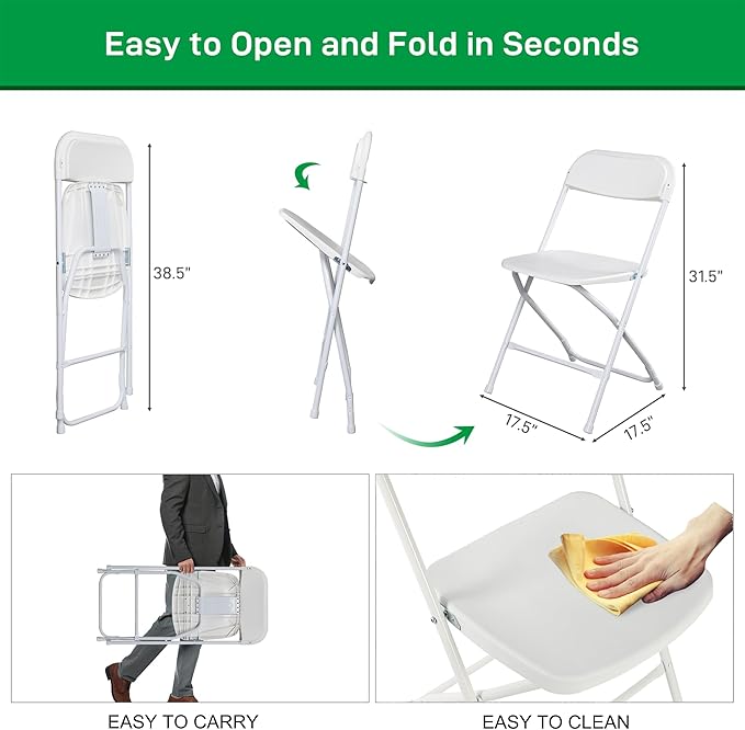 90 Pack White Plastic Folding Chairs, Portable Party Chairs, Stackable Commercial Seats with Steel Frame for Home Office Wedding Party Indoor Outdoor Events Chairs, 350lbs Capacity