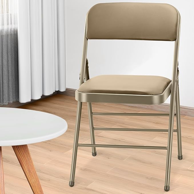 cyclone sound 2 Pack Folding Chairs with PU Padded Cushion and Back, Commercial Grade Metal Chairs with Comfortable PU Leather Cushion for Home and Office, for Indoor and Outdoor Events (2, Beige-PU)