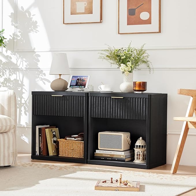 LEYAOYAO Fluted Nightstand with Charging Station, 23" Wide 1 Drawers End Table,Black Night Stand with Open Storage Cabinet, Farmhouse Bed Side Tables, Wood Dresser for Bedroom, Living Room, Closet