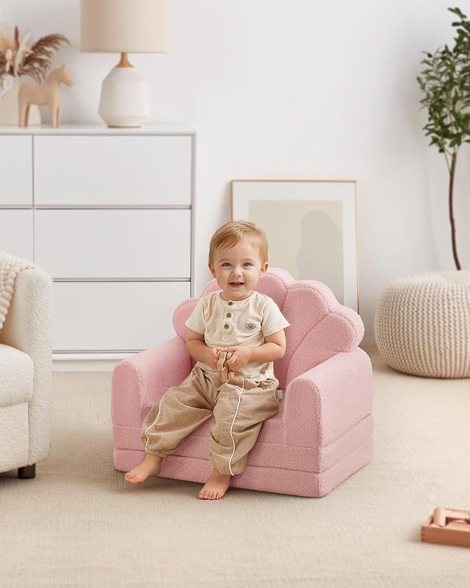 Blissful Diary Kids Couch, 2-in-1 Soft Toddler Couch Fold Out, Toddler Chair Comfy, Convertible Sofa to Lounger, Kids Furniture for Playroom, Gift for Birthday, Children's Day, Pink Shell