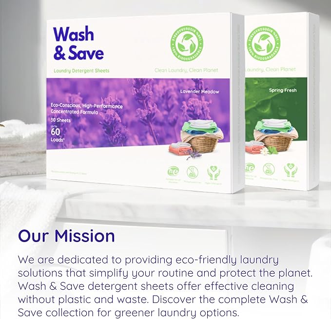 WASH & SAVE Laundry Detergent Sheets (60 Loads, 30 Sheets) | Plant Based, Eco-Friendly, Hypoallergenic Liquidless Detergent, Perfect for Travel & Dorm (Spring Fresh)