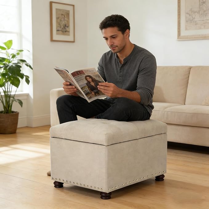 Joveco Storage Ottoman, 24" Fabric Rectangle Tufted Bench Foot Rest Stool for Living Room Bedroom, Beige