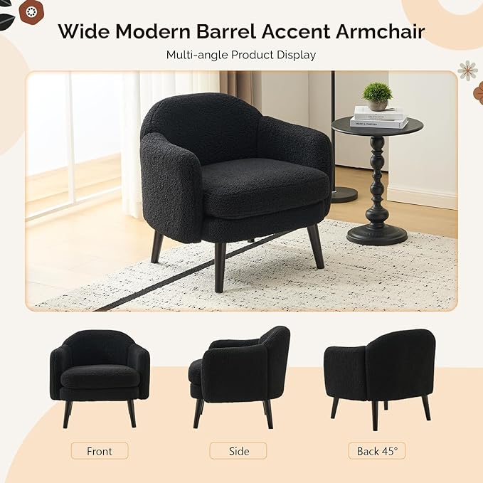VINGLI 30.3" Wide Modern Barrel Accent Armchairs Set of 2 with Track Armrest, Solid Wooden Legs, Comfy Upholstered Club Chairs, Single Home Sofa for Living Room, Bedroom, Reading,Teddy Fleece Black
