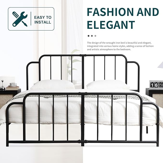 PINJU Metal Platform Bed Frame with Headboard and Footboard, Classic Style, Sturdy Metal Slats, No Box Spring Needed, Easy Installation (Black, King)