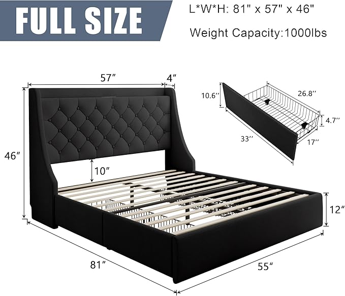 Full Size Upholstered Platform Bed Frame with 4 Storage Drawers and Charging Station, Linen Button Tufted Wingback Headboard, Sturdy Wooden Support Slats, No Box Spring Needed, Black
