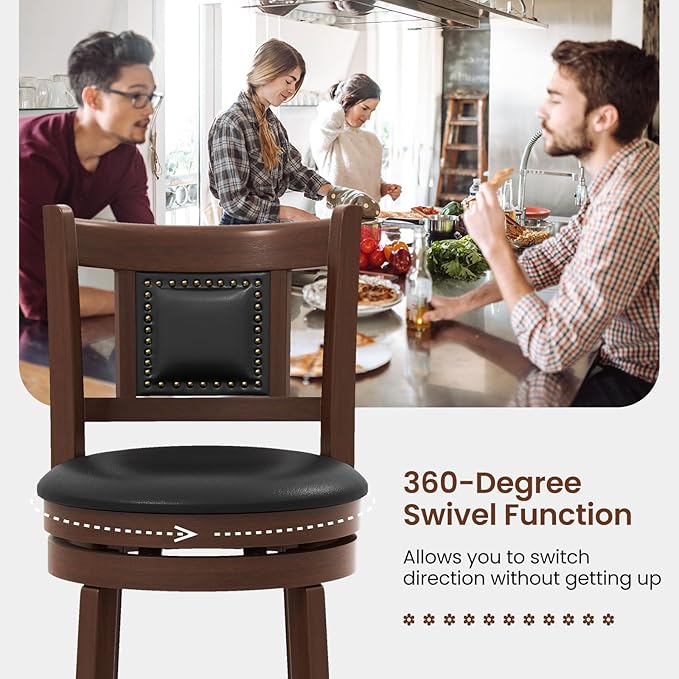 COSTWAY Bar Stools Set of 4, 25.5” Swivel Upholstered Counter Height Bar Stool with Curved Backrest & Cushioned Seat, Solid Rubber Wood Legs & Resting Footrest, for Kitchen Island (4, 25.5”)
