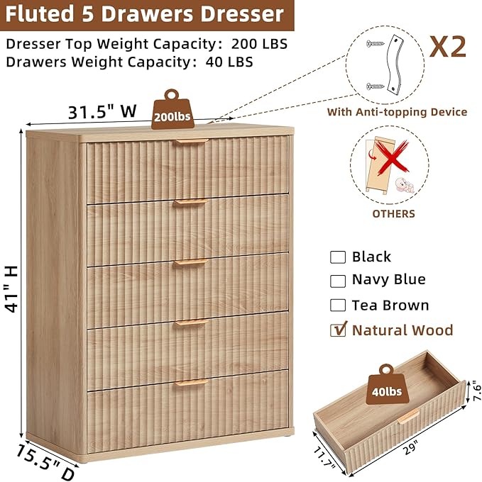 LEYAOYAO Fluted 5 Drawers Dresser for Bedroom, 41" Tall Modern Chest of Drawers with Metal Handle, Curved Profile Farmhouse Closet Organizer Wood Dressers TV Stand for Living Room, Hallway