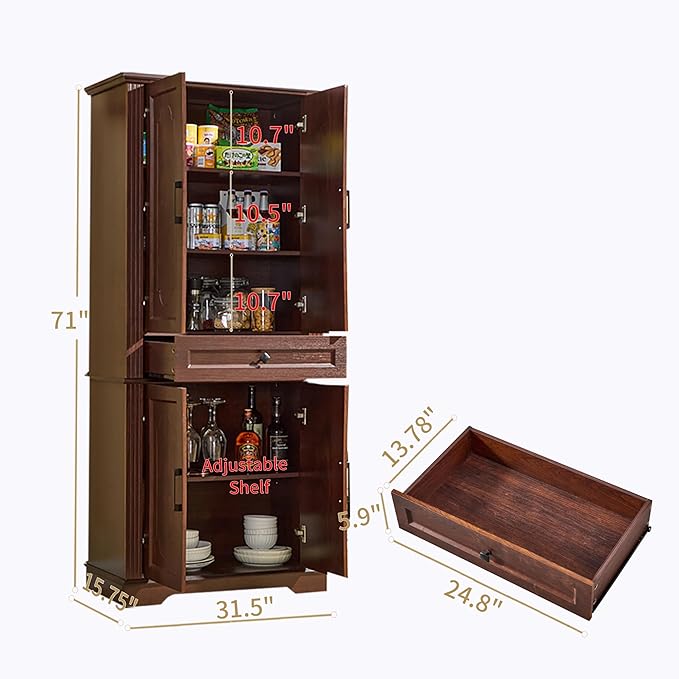 71" Tall Pantry Cabinet with Drawer and Adjustable Shelves, Modern Storage Cabinet with Doors, Kitchen Buffet Cabinet, Food Pantry Storage Cabinet, Coffee Bar, Living Room and Dining Room Cherry